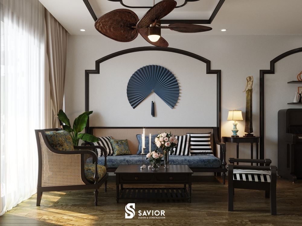 Phòng khách căn hộ phong cách Indochine mang hơi thở cổ điển