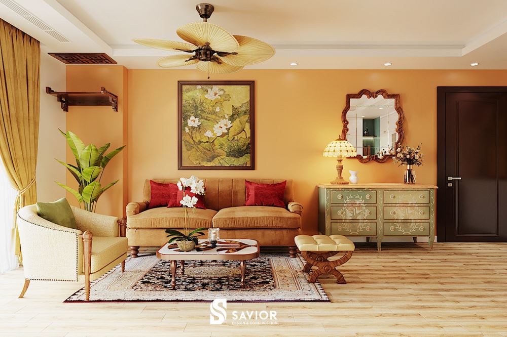 Phòng khách phong cách Indochine với tông màu vàng chủ đạo