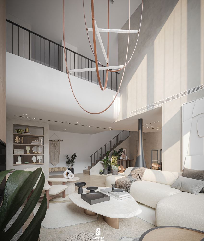 Không gian phòng khách tại căn duplex