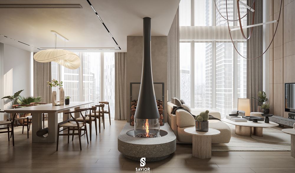 Phòng khách và phòng bếp được thiết kế theo không gian mở giúp tối ưu diện tích sinh hoạt