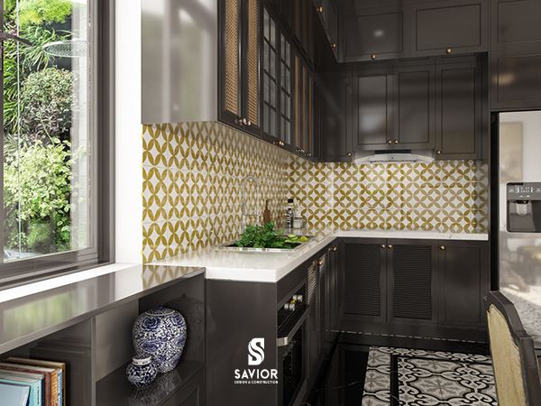 Bếp phong cách Indochine - 20 ý tưởng nội thất phòng bếp đẹp 5 Gạch bông có ưu điểm đa dạng màu sắc, kết hợp với nội thất tối màu tạo nên sự tương phản cho phòng bếp