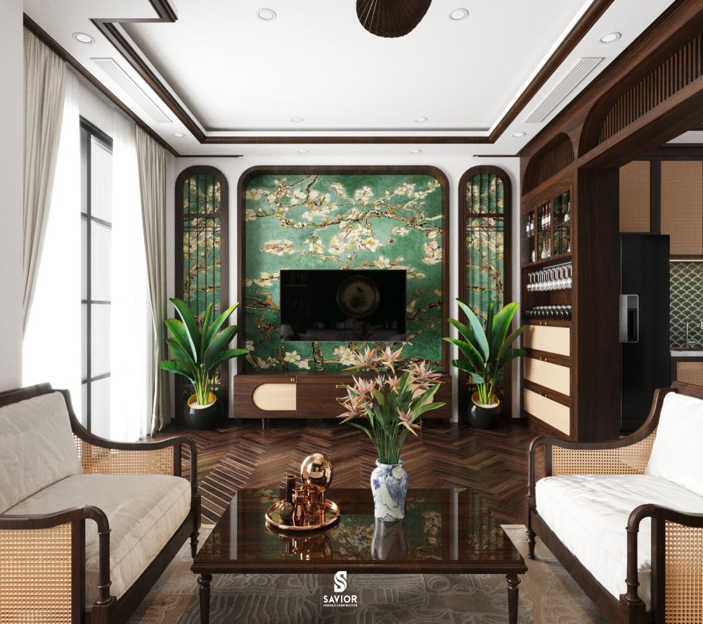 Phòng khách đan xen sự cổ điển, hiện đại khi thiết kế theo phong cách Indochine