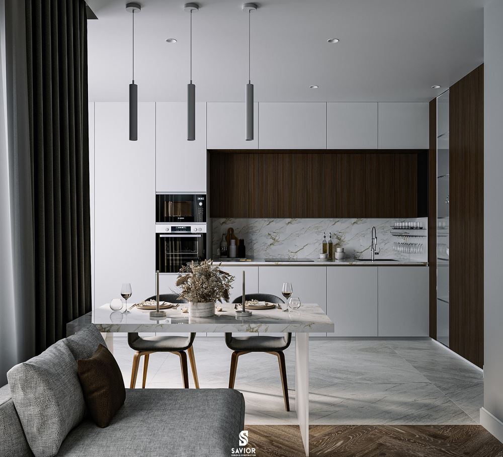 Khu vực bếp phía sau gọn gàng, sạch sẽ