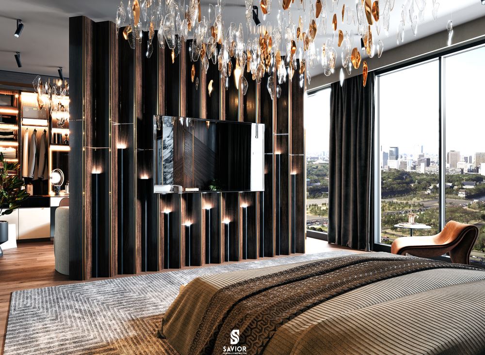 Bức tường được bố trí để ngăn cách giữa khu vực giường ngủ và tủ quần áo