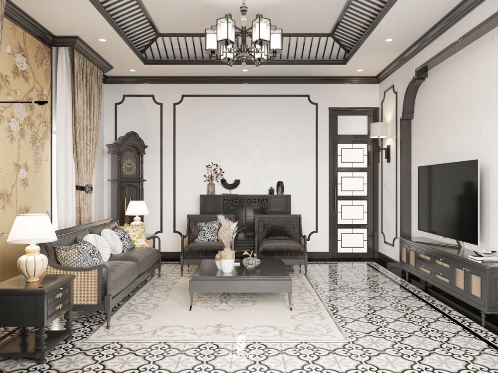 Phong cách Đông Dương: Sự giao thoa văn hóa độc đáo 13 Nhà phong cách Đông Dương nổi bật với tông màu trắng cũng họa tiết bắt mắt