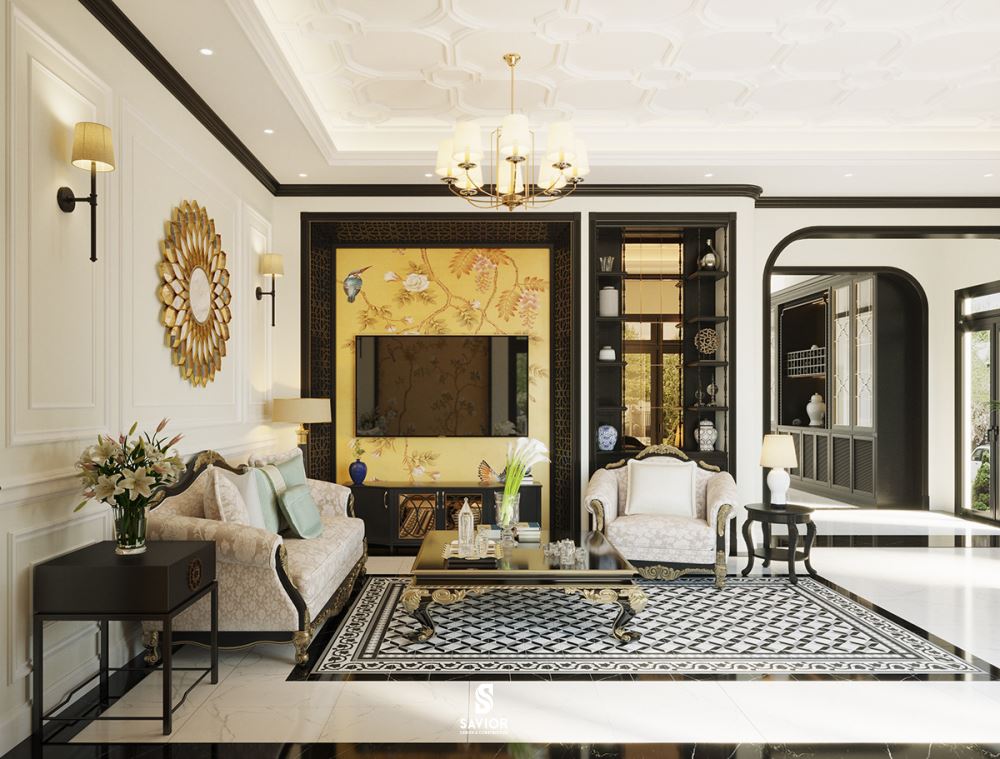 Phong cách Đông Dương: Sự giao thoa văn hóa độc đáo 11 Phong cách Đông Dương nổi bật với tông màu vàng - trắng kết hợp họa tiết độc đáo