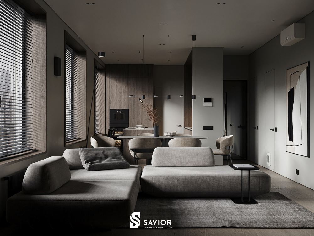 Mẫu phòng khách đẹp hiện đại liền bếp dành cho căn hộ chung cư