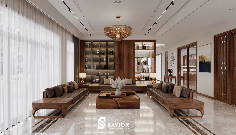 Mẫu phòng khách đẹp sử dụng chất liệu gỗ óc chó tự nhiên