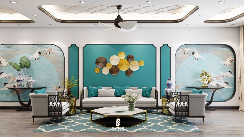 Phòng khách diện tích rộng giúp bạn thỏa sức thiết kế, sáng tạo theo phong cách Indochine