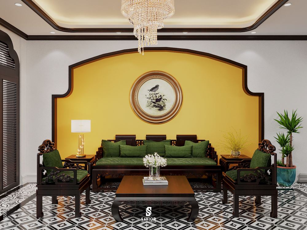 Phòng khách kết hợp tông màu vàng - xanh tạo nên không gian độc đáo