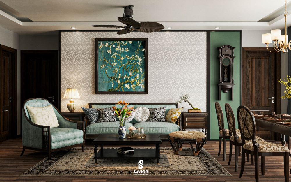 Phòng khách với những họa tiết đặc trưng của phong cách Indochine