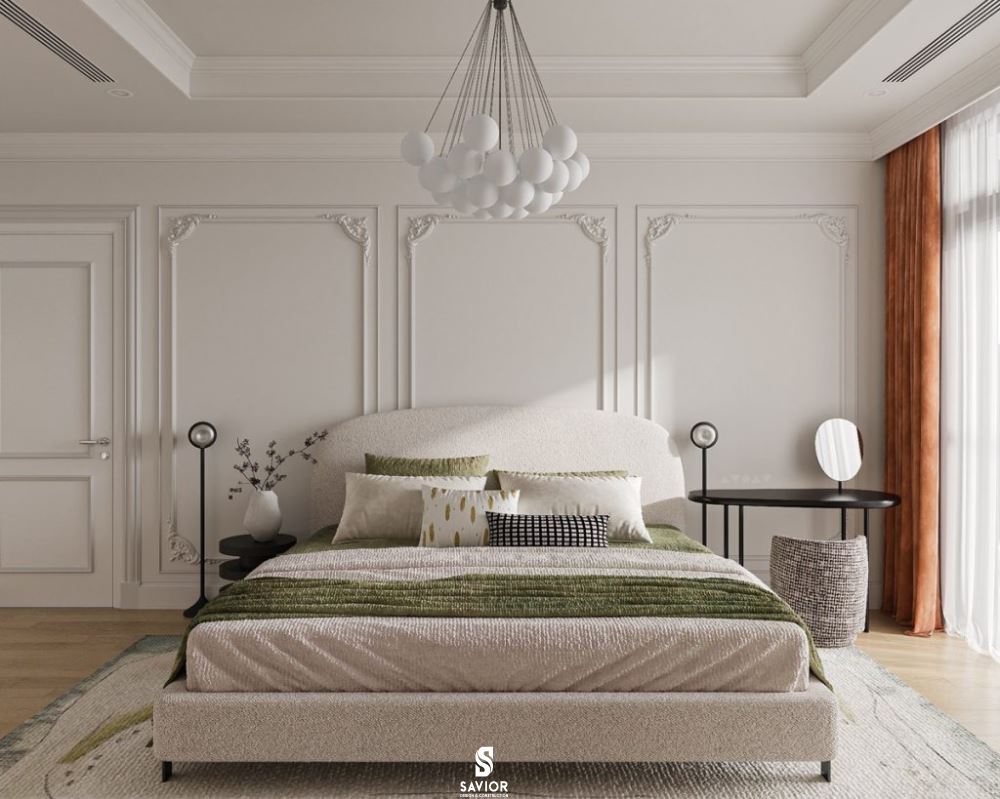 Phòng ngủ tân cổ điển đặc trưng với những phào chỉ mềm mại