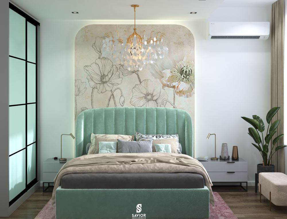 Một mẫu phòng ngủ nhà ống với sắc xanh chủ đạo