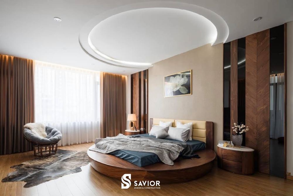 Phòng ngủ giường tròn gỗ óc chó độc đáo