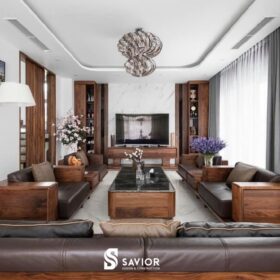 Không gian phòng khách sang trọng cùng chất liệu gỗ tự nhiên