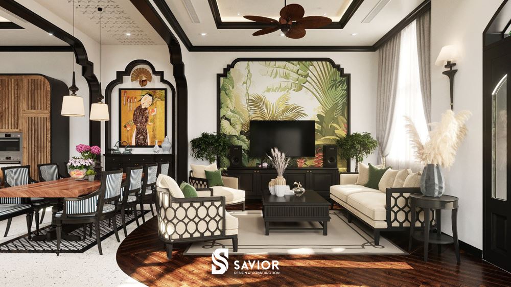 Phòng khách nhà phố phong cách Indochine với gam màu trung tính cùng những họa tiết, trang trí mang đậm dấu ấn thời gian