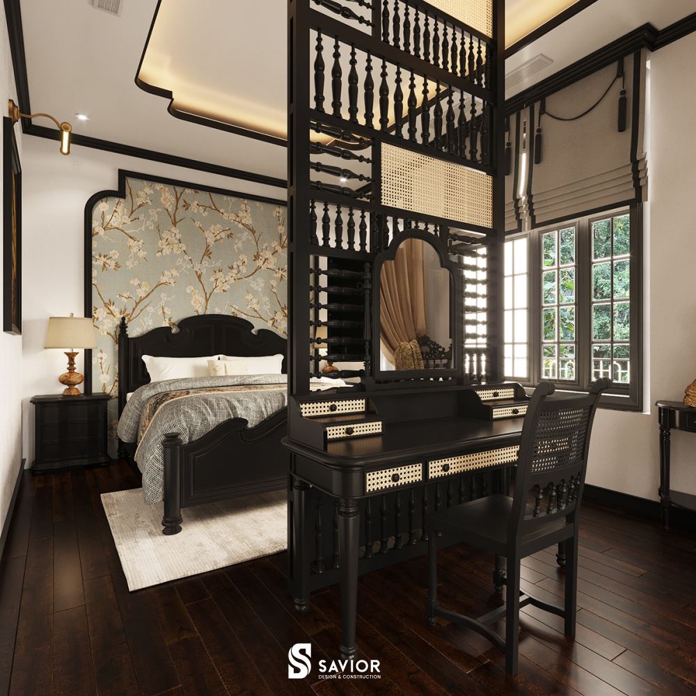 Sử dụng chất liệu gỗ tự nhiên trong phòng ngủ phong cách Indochine