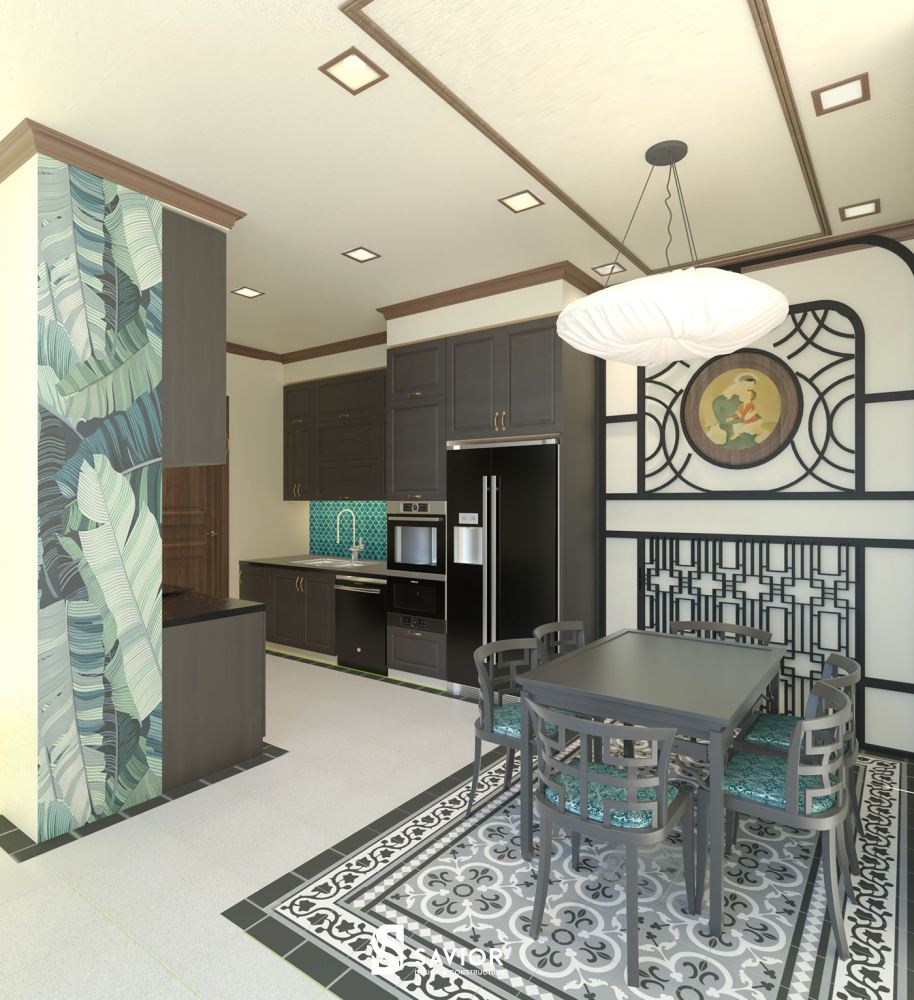 Bếp phong cách Indochine - 20 ý tưởng nội thất phòng bếp đẹp 9 Không gian phòng bếp được thiết kế theo gam màu xanh chủ đạo