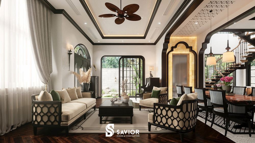 Phòng khách được thiết kế theo hướng đón ánh sáng tự nhiên, giúp không gian trở nên rộng rãi hơn