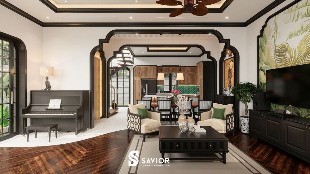 Không gian tầng 1 của nhà phố gồm phòng khách và phòng bếp