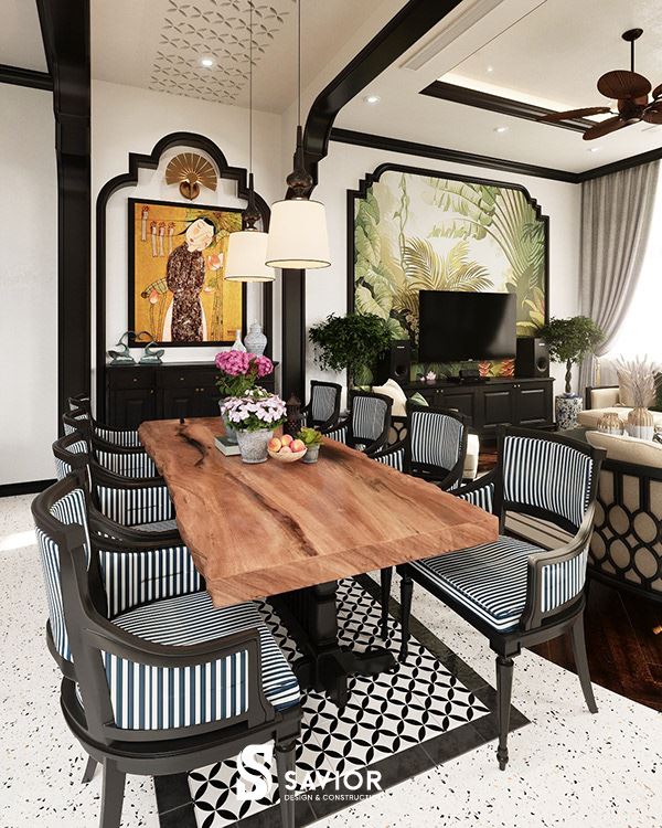 Bếp phong cách Indochine - 20 ý tưởng nội thất phòng bếp đẹp 18 Bàn ăn sử dụng gỗ óc chó nguyên tấm