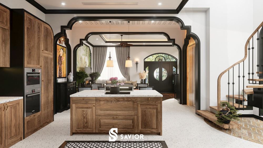 Phòng bếp được nối liền với phòng khách nhờ hệ thống mái vòm đơn giản