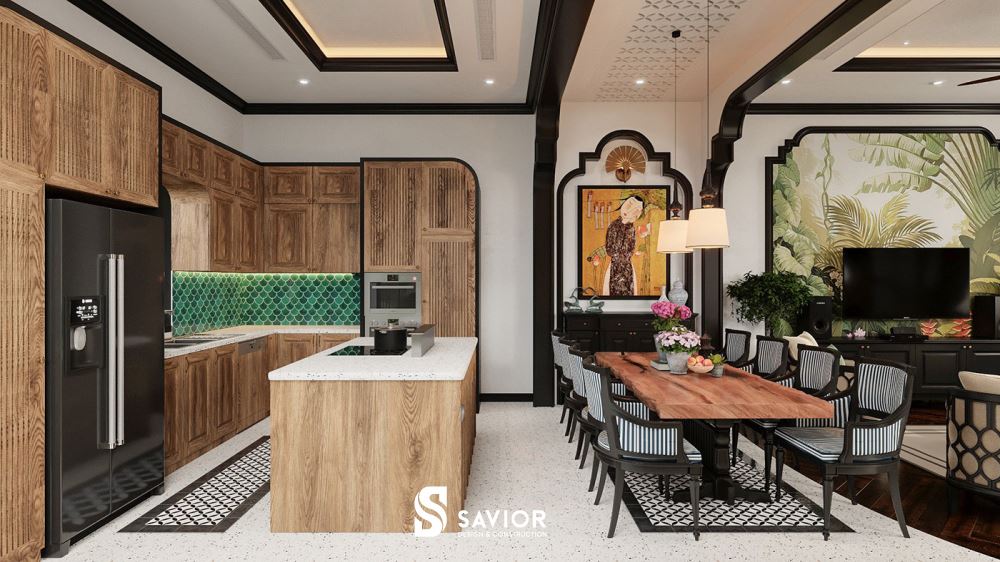 Bếp phong cách Indochine - 20 ý tưởng nội thất phòng bếp đẹp 17 Tủ bếp, đảo bếp, bàn ghế ăn đều được làm từ chất liệu gỗ óc chó cao cấp, tạo nên sự đồng bộ, vẻ đẹp sang trọng cho phòng bếp