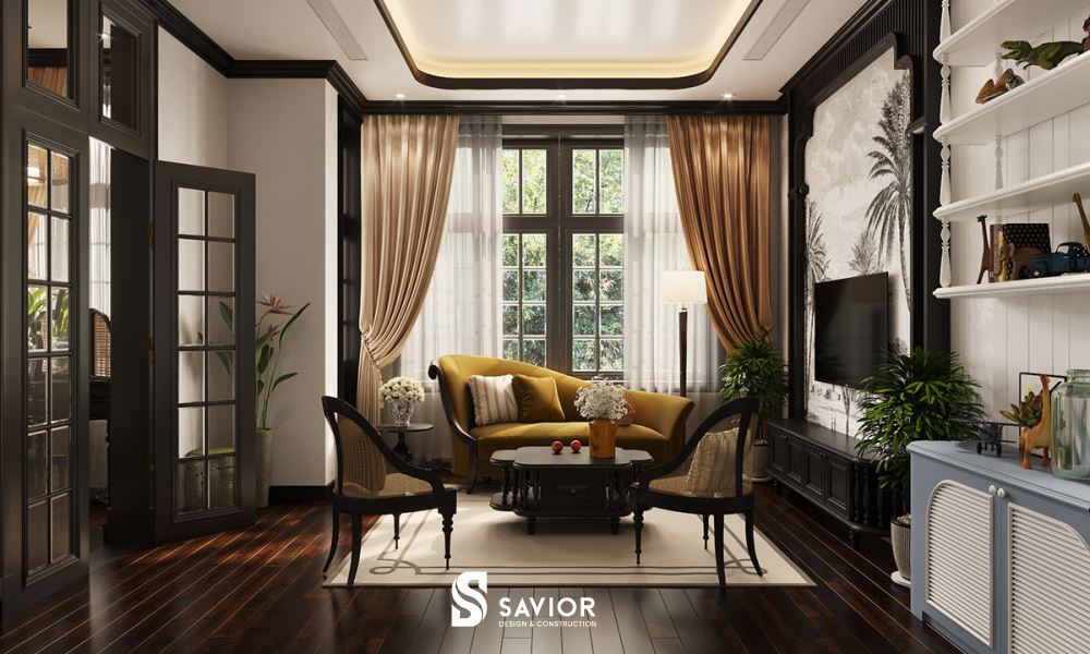 Màu sắc được kết hợp hài hòa trong không gian phòng khách, mang đến cảm giác hiện đại nhưng không mất đi sự hoài cổ