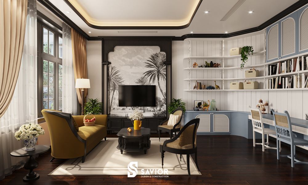 Bên cạnh phòng khách là giá sách kết hợp kệ trang trí giúp bạn vừa thư giãn, vừa bố trí không gian thêm đẹp mắt