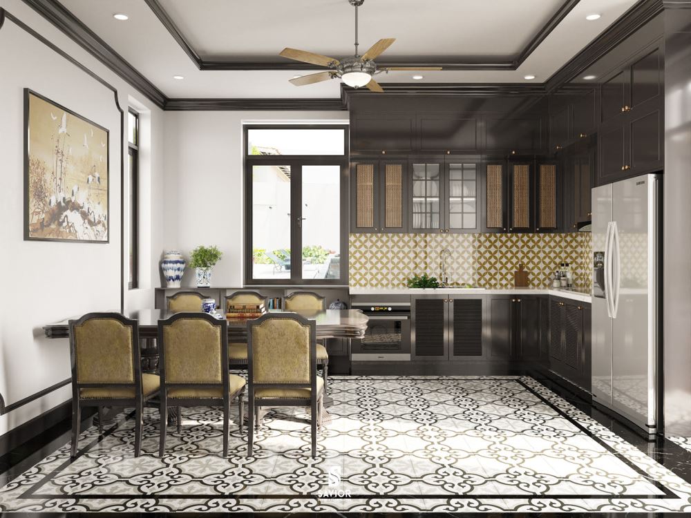 Bếp phong cách Indochine - 20 ý tưởng nội thất phòng bếp đẹp 4 Gạch bông ốp sàn phòng bếp