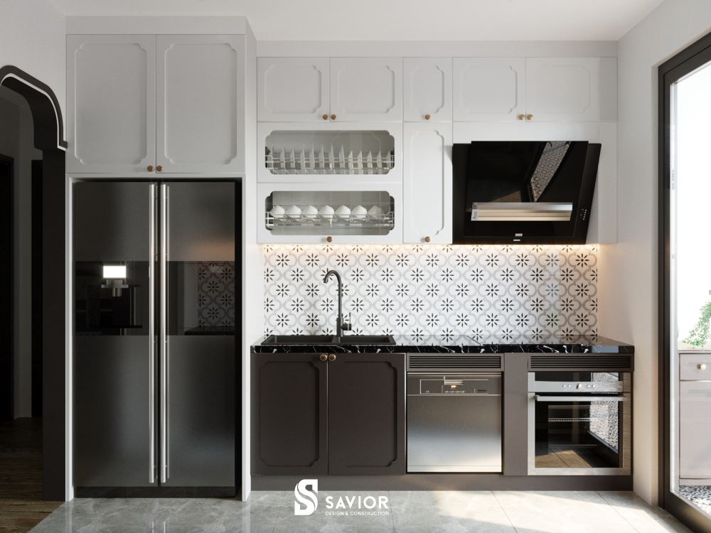 Phòng bếp tối giản với những họa tiết hoa lá được biến tấu khéo léo, tạo nên không gian ấn tượng