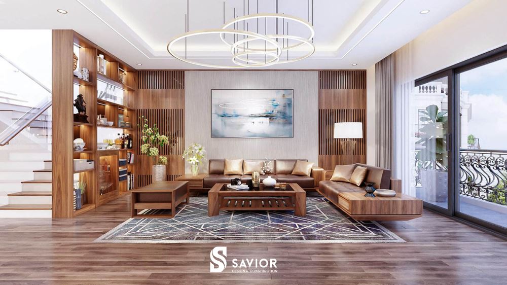 Nội thất phòng khách biệt thự gỗ óc chó thời thượng, hiện đại