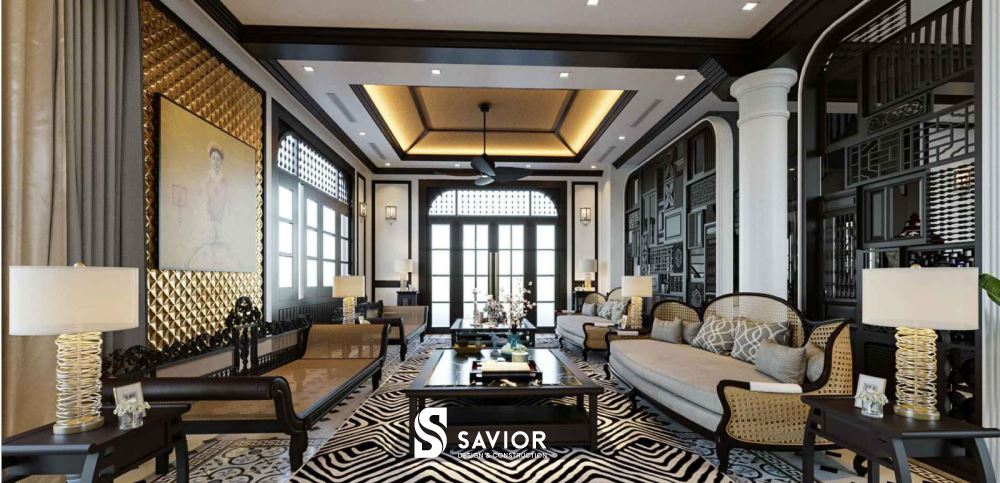 Nội thất phòng khách biệt thự phong cách Indochine mang đậm phong cách truyền thống
