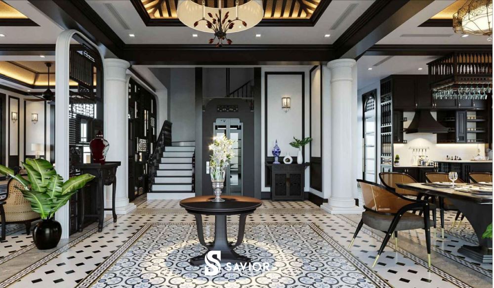 Nội thất phòng khách biệt thự sang trọng với phong cách Đông Dương