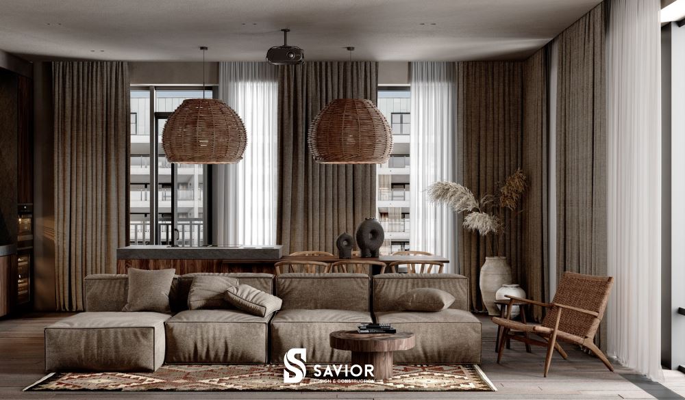 Mẫu nội thất phòng khách biệt thự Wabi Sabi hài hòa với thiên nhiên