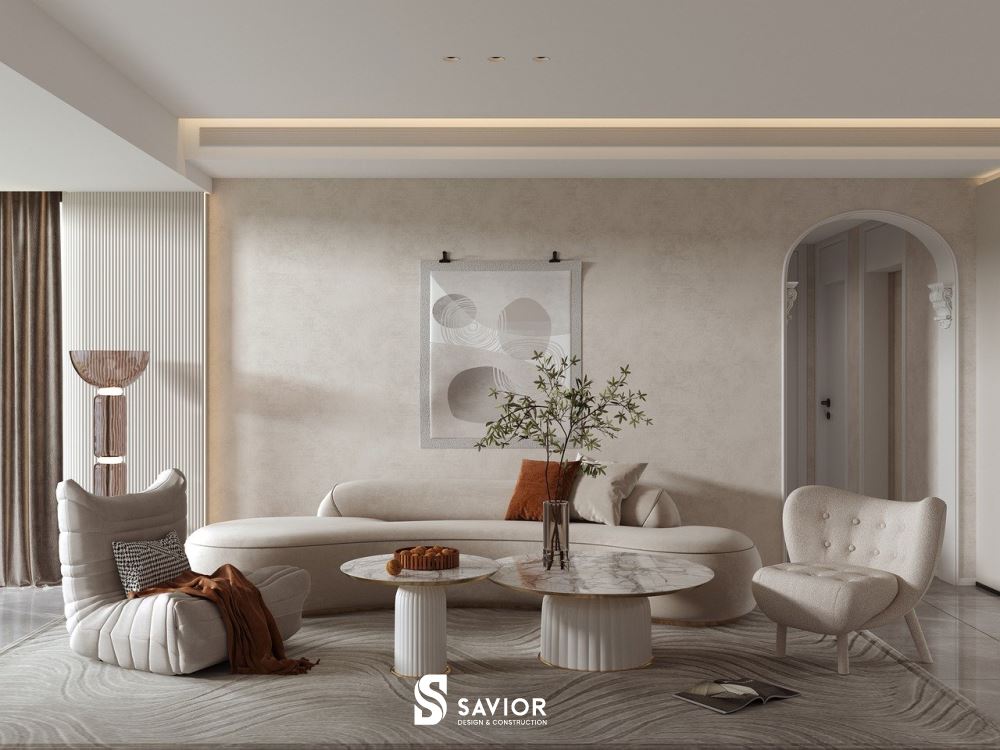 Gam màu sắc nhẹ nhàng, tinh tế được sử dụng trong nội thất phòng khách biệt thự