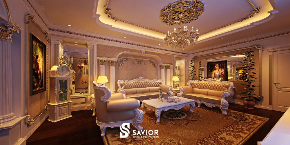 Nội thất phòng khách biệt thự cổ điển sang trọng mang phong cách hoàng gia