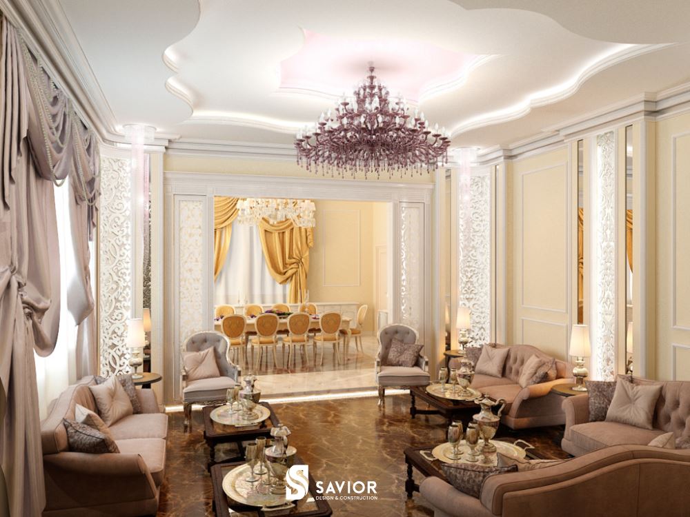 Phòng khách biệt thự tân cổ điển sử dụng những gam màu thanh lịch, ấm cúng