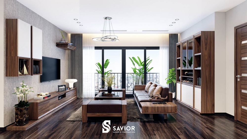 Mẫu nội thất phòng khách chung cư hiện đại với chất liệu gỗ óc chó tự nhiên