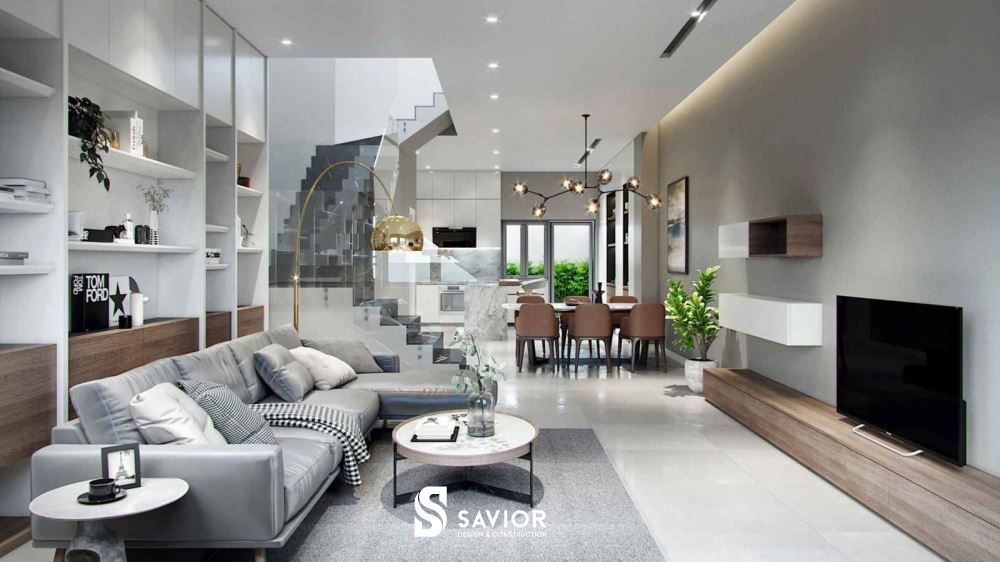 Thiết kế nội thất phòng khách nhà ống ưu tiên sử dụng đồ thông tinh, đa chức năng để tiết kiệm không gian