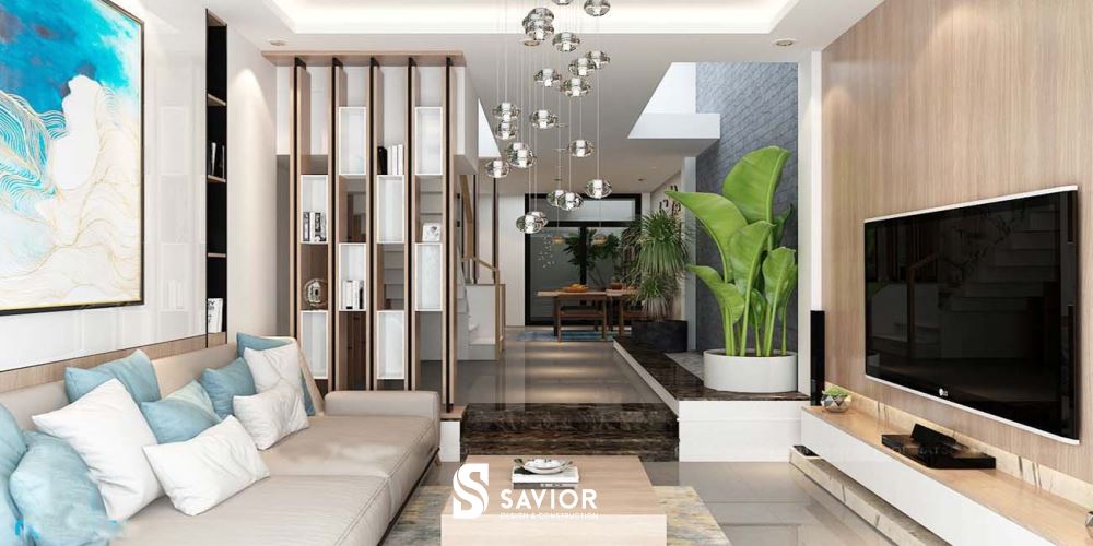 Mẫu nội thất phòng khách nhà ống hiện đại, tiện nghi