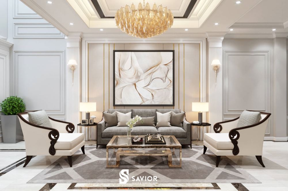 Nội thất phòng khách nhà ống tân cổ điển sang trọng, tinh tế