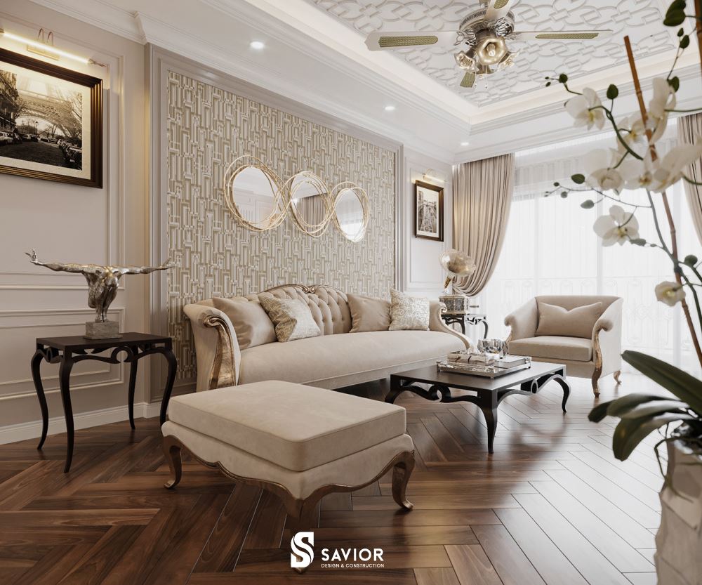 Mẫu phòng khách tân cổ điển nhà ống đẹp, sang trọng với gam màu tinh tế