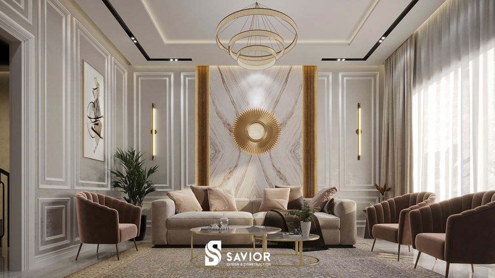 Nội thất phòng khách tân cổ điển biệt thự sang trọng, thể hiện phong thái hoàng gia, quý tộc