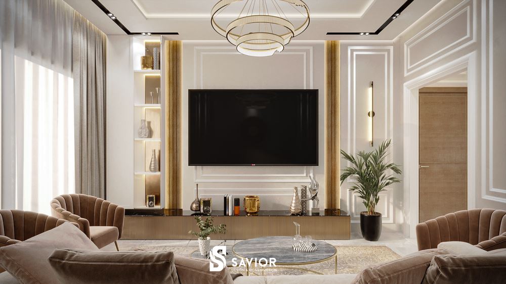 Nhiều chi tiết cổ điển được tiết chế, hài hòa kết hợp mang đến không gian phòng khách đẹp mắt