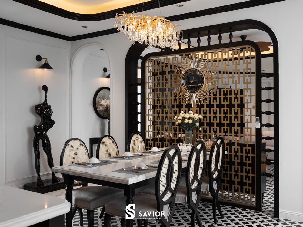 Bàn ăn sang trọng kết nối giữa phòng khách và phòng bếp