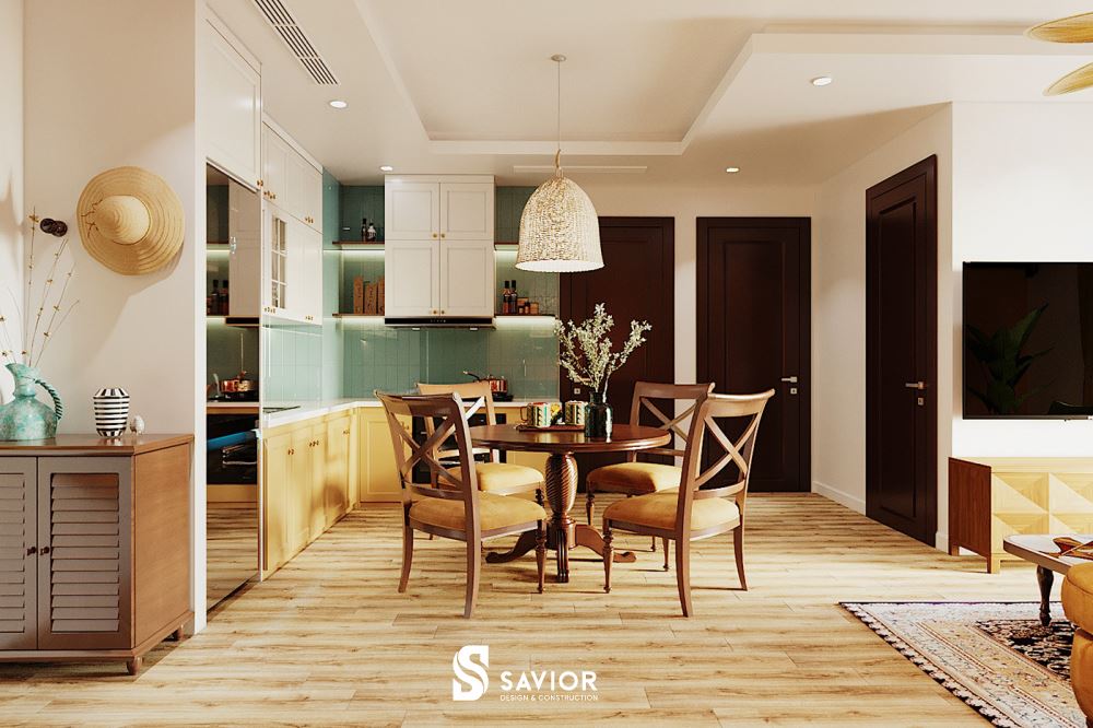 Sử dụng chất liệu chính là gỗ tự nhiên trong thiết kế thi công nội thất căn hộ phong cách Indochine