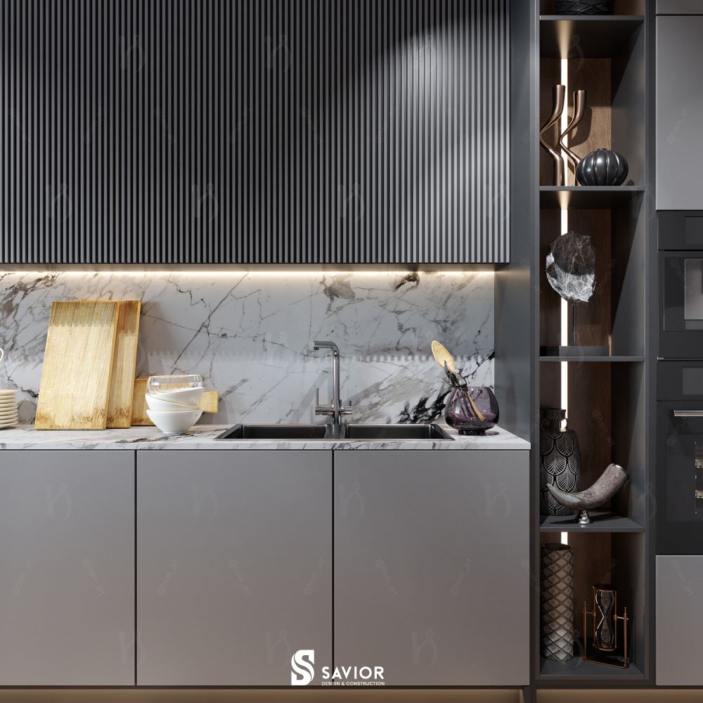 Bề mặt tủ bếp nhẵn bóng, thể hiện tinh thần hiện đại