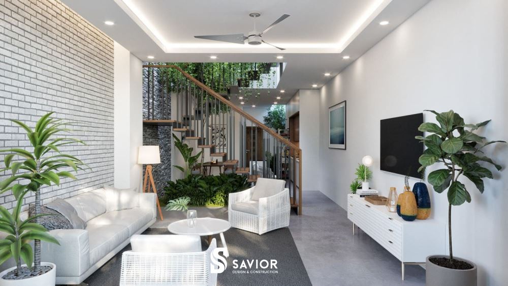 Phòng khách đẹp nhà ống tối giản, nhẹ nhàng và thoáng rộng