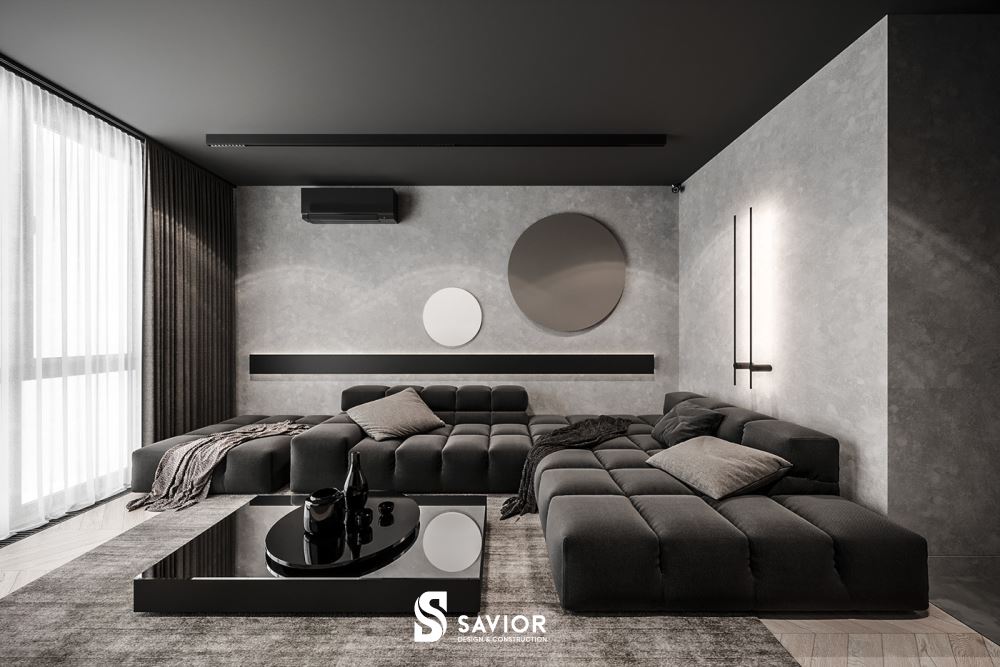 Mẫu phòng khách chung cư hiện đại với gam màu xám ấn tượng